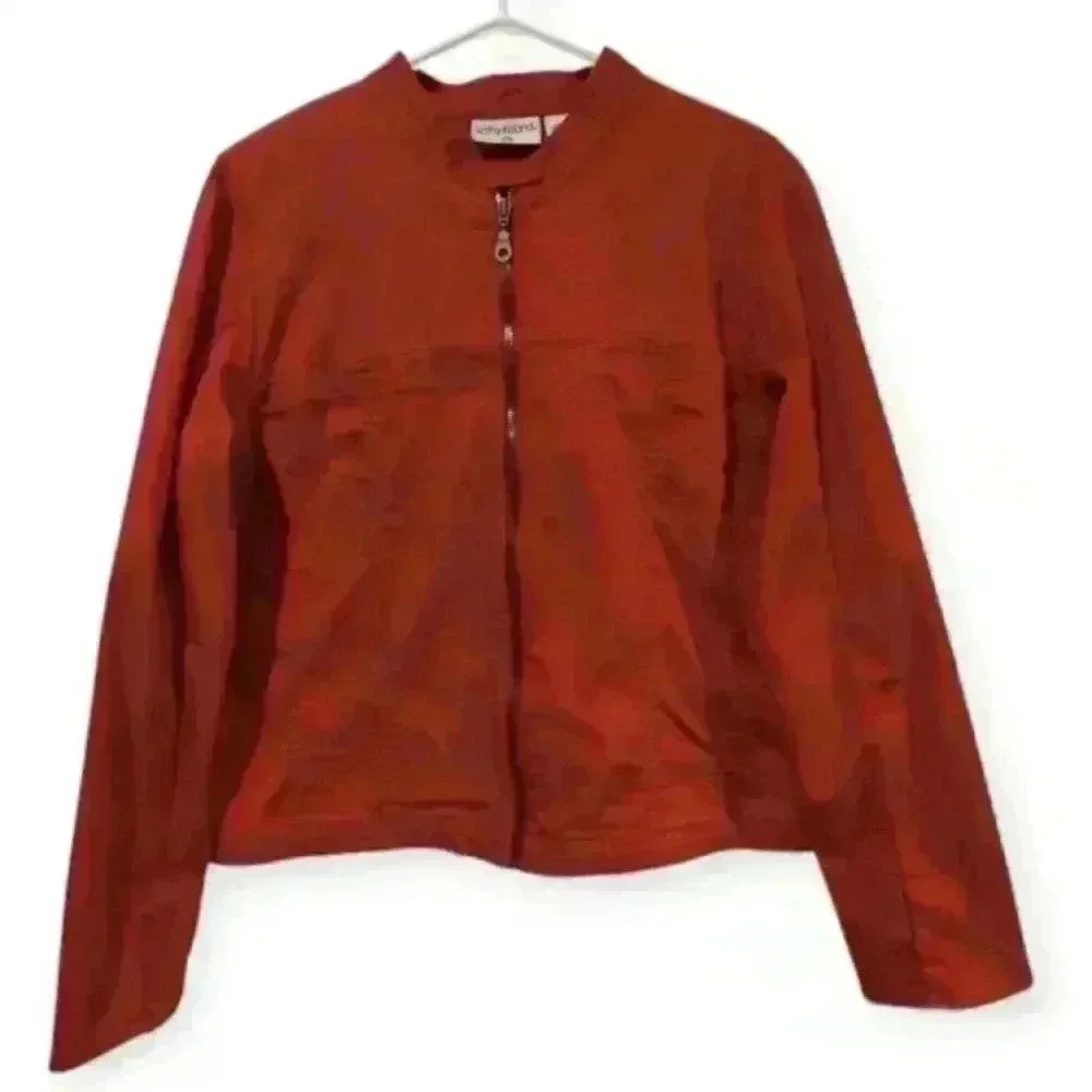Kathy Ireland Large Jacket Jean Denim Blouson Coat Zip Up Red Cotton Vintage